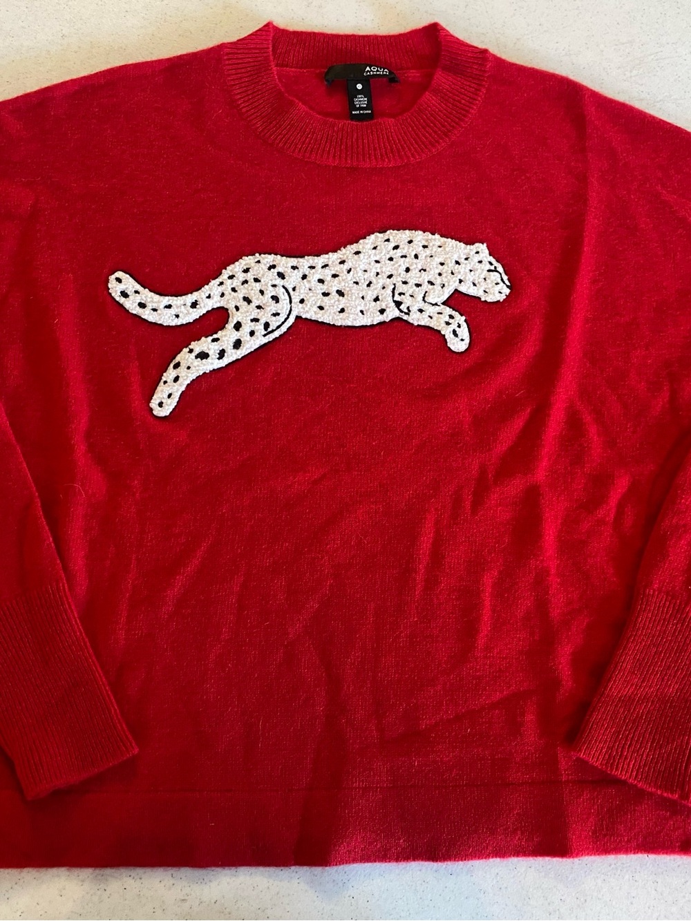 AQUA 100% Cashmere Red Leopard Appliqué Crewneck Sweater- XS